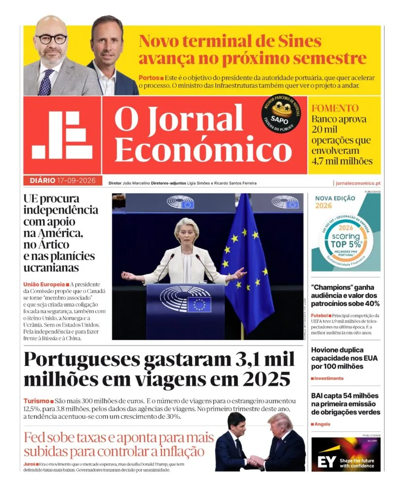 A primeira página do Jornal Económico de 17 de setembro