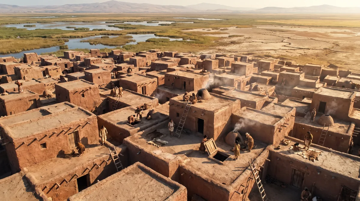 Um povoado de mais de 9 mil anos na Turquia cresceu praticamente sem ruas porque casas de tijolos de barro eram erguidas parede com parede e acessadas pelo teto, enquanto reconstruções sucessivas acumularam 18 camadas de ocupação num monte de 20 metros