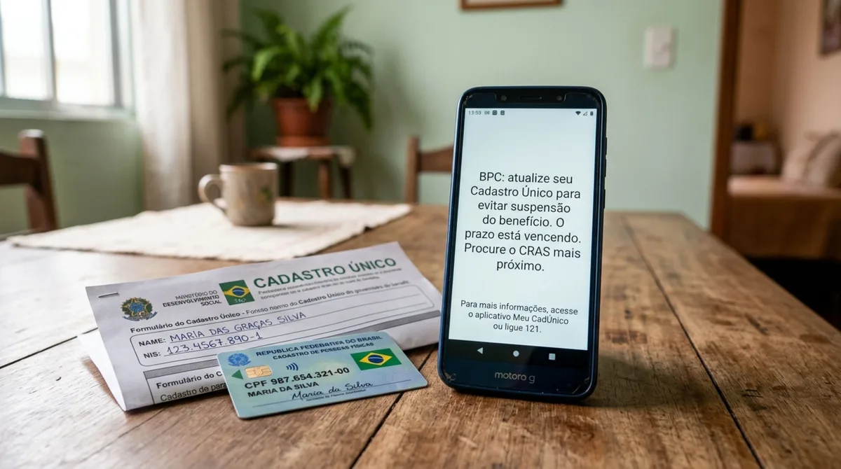 Beneficiário do BPC recebe aviso para atualizar o Cadastro Único, família ignora mensagem e pode ter pagamento suspenso após revisão de 2026