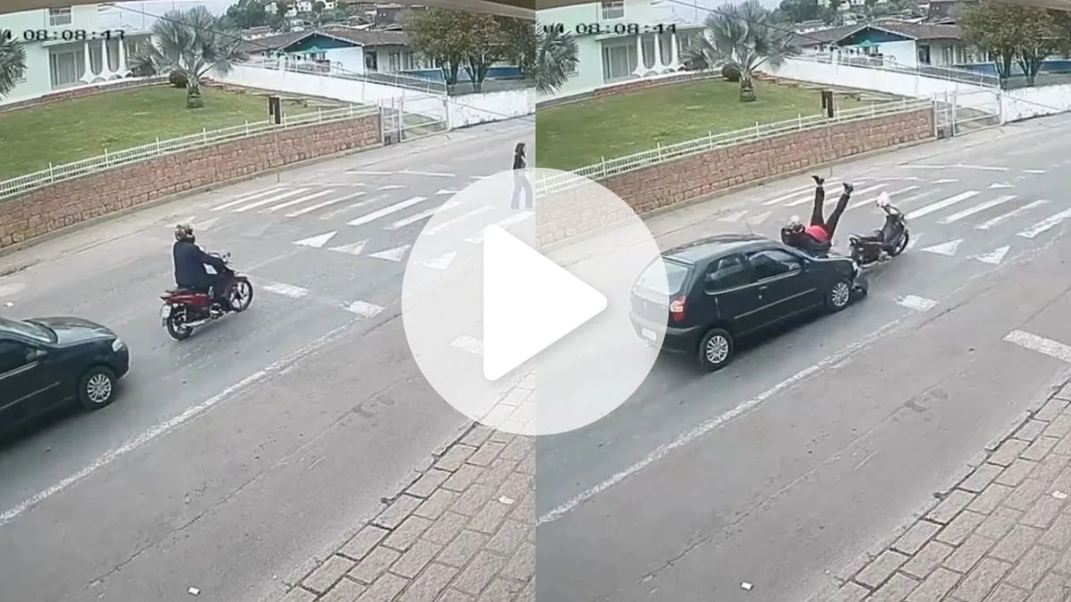 VÍDEO: Motociclista cai de bunda após ‘rasteira’ de carro em SC