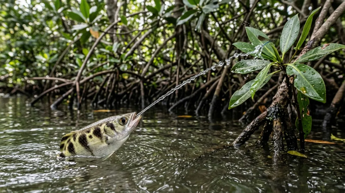 Sem precisar tocar na presa, um pequeno peixe consegue derrubar insetos posicionados sobre galhos e folhas ao disparar pela boca um jato de água extremamente preciso a partir da superfície