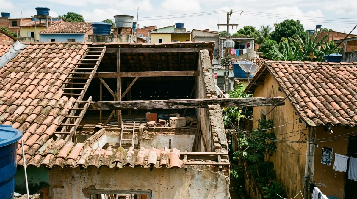 Família compra casa antiga, começa a trocar o telhado e, durante a obra, descobre que uma das vigas atravessa a parede e se apoia na construção vizinha