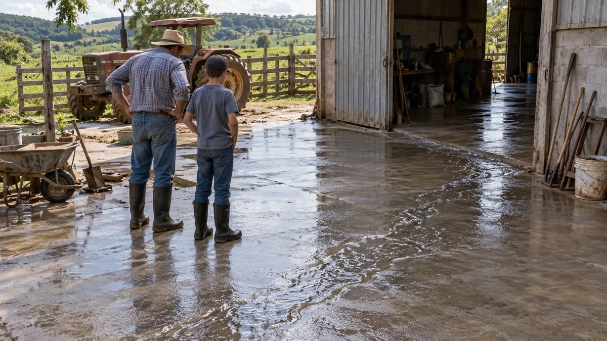 Depois de concretar toda a entrada da chácara, produtor vê a primeira chuva transformar o novo piso em uma canaleta que leva água diretamente para dentro do galpão