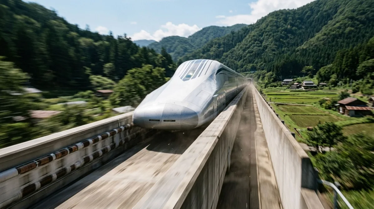Durante um teste no Japão, este trem ultrapassou 600 km/h sem depender do contato tradicional entre rodas e trilhos, permanecendo suspenso por forças magnéticas durante a viagem