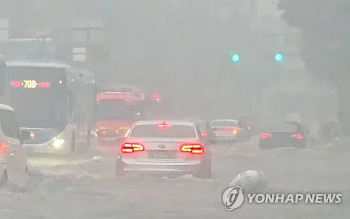 서울 곳곳 침수·교통통제…폭우 내리는 데 낙엽이 배수구막아