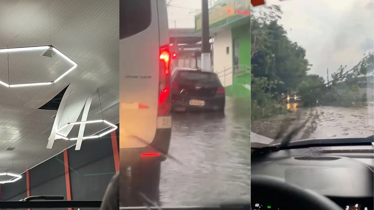 Chuva acompanhada de ventos fortes alaga trechos de ruas em RO; Academia teve estrutura danificada