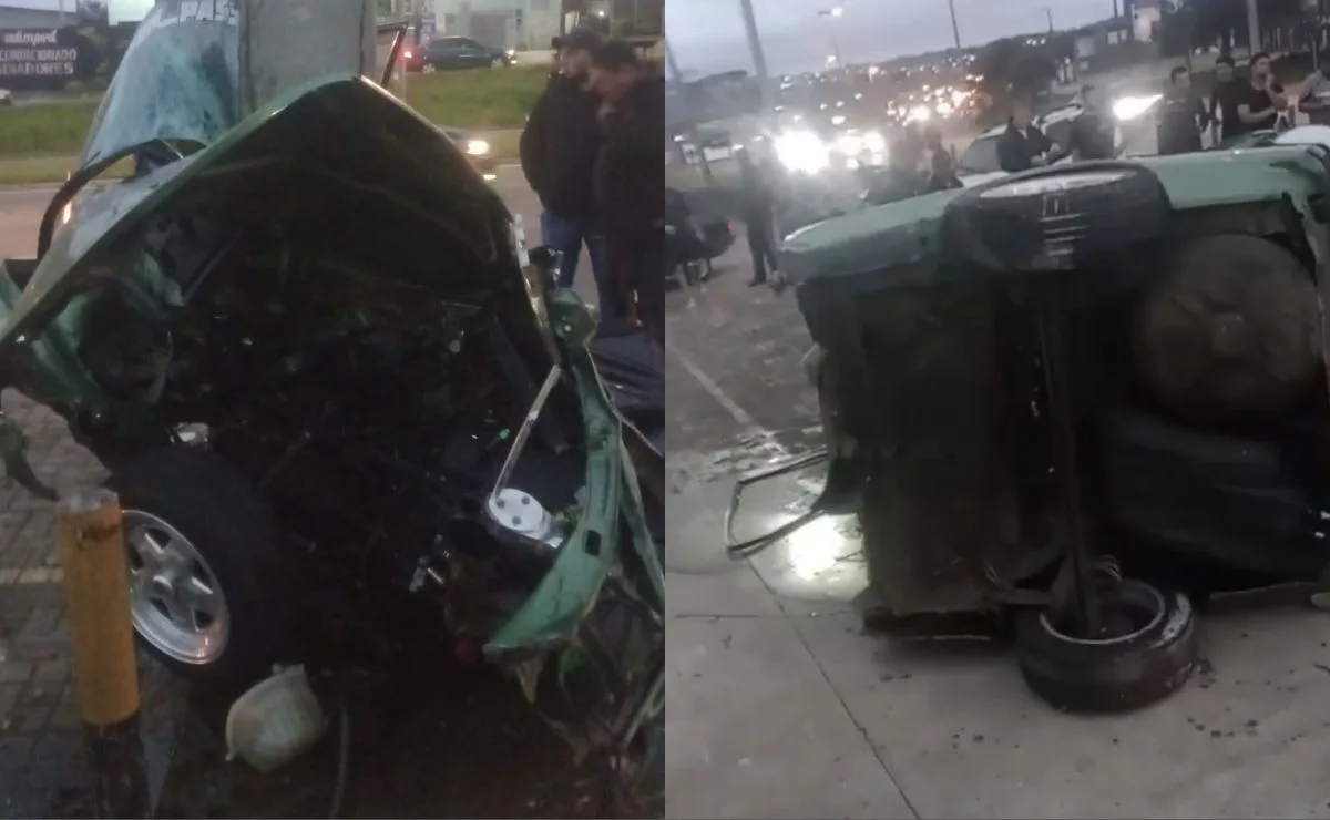 Carro bate contra poste, parte ao meio e deixa homem gravemente ferido em Colombo