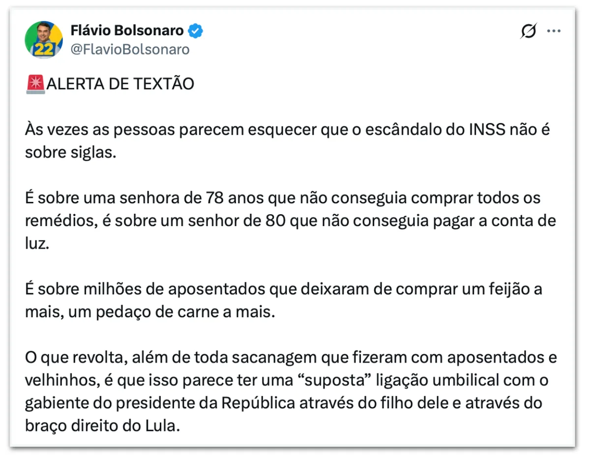 Corrupção do INSS chegou ao gabinete de Lula, diz Flávio