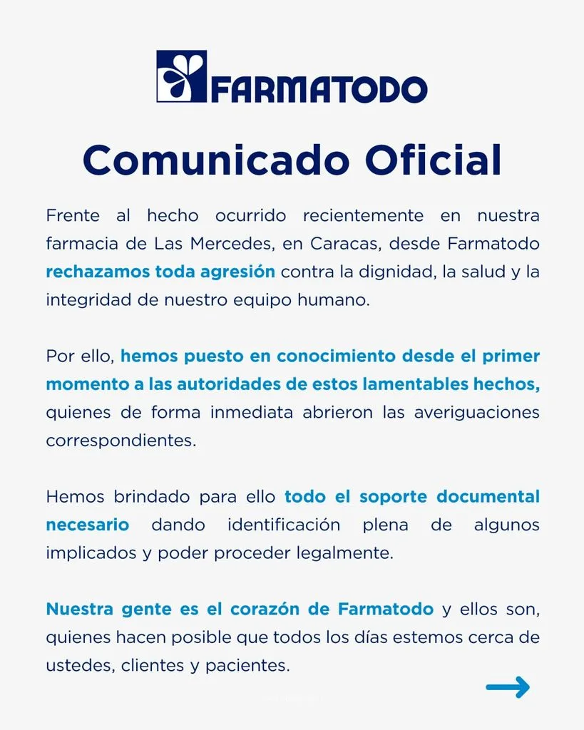 Farmatodo rechaza agresión contra trabajador en sede de Las Mercedes