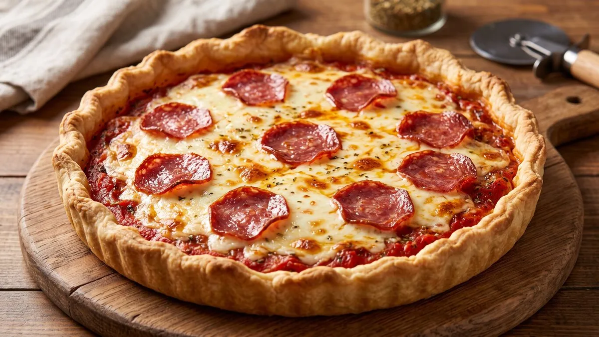 Parece una pizza pero no lo es: una tarta doble con un piso de puro sabor y por encima los toppings más ricos