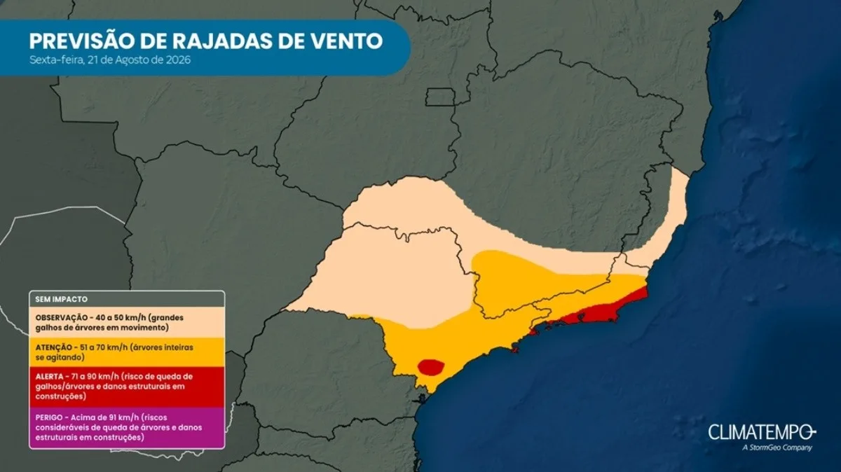 Rio tem previsão de chegada de frente fria com ventos de até 90 km/h, diz Climatempo