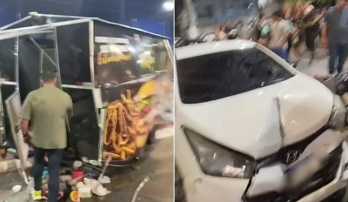 Carro atinge trailer de lanches, derrama óleo quente e deixa dois feridos em Linhares; veja vídeo