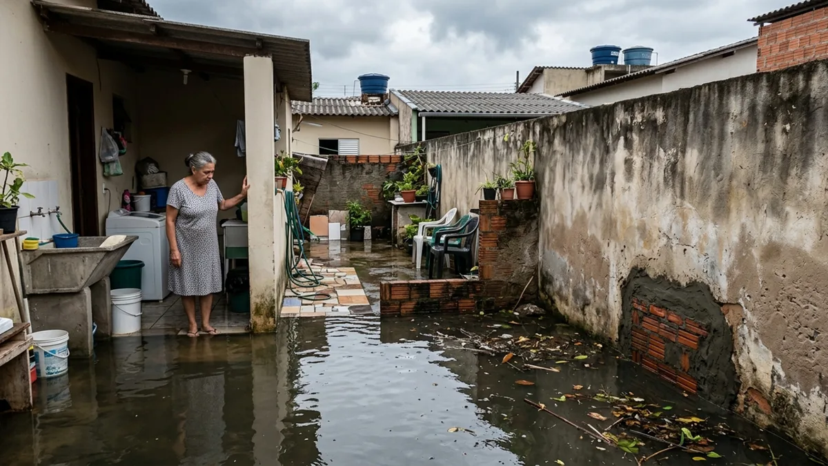 Para impedir a entrada de folhas, morador fecha uma abertura no muro, mas o vizinho exige que ela seja reaberta depois de ver o quintal inundar