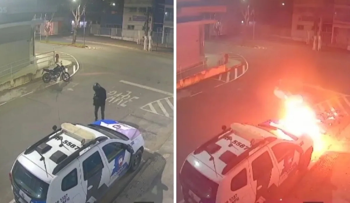 Mochila explode sobre viatura da PM e veículo é destruído pelo fogo em Linhares