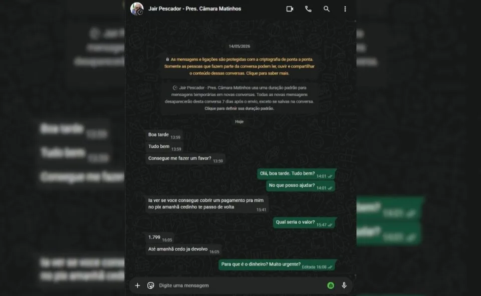 WhatsApp do presidente da Câmara de Matinhos é clonado; golpista pede R$ 1,7 mil a repórter da Banda B