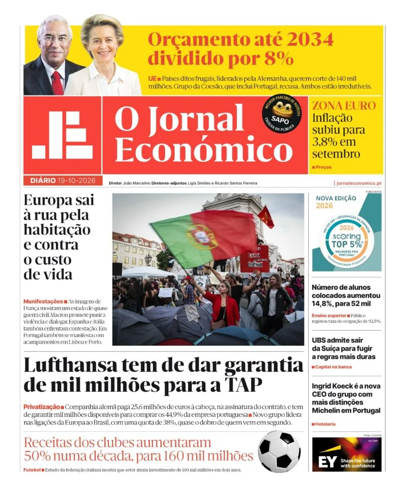 A primeira página do Jornal Económico de 19 de outubro