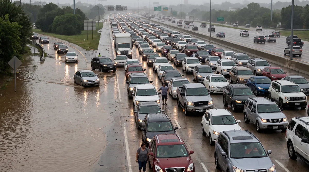 Durante um congestionamento causado por uma enchente, motorista abre o porta-malas para distribuir garrafas de água e vê outros carros começarem a fazer o mesmo até formar uma pequena fila improvisada no acostamento