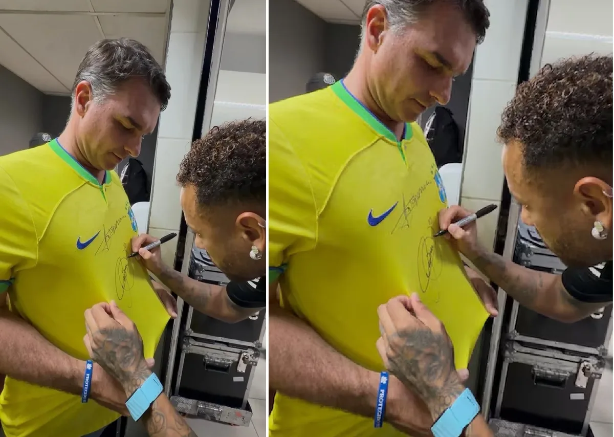 Flávio Bolsonaro pede autógrafo a Neymar antes de derrota do Santos para o Vasco