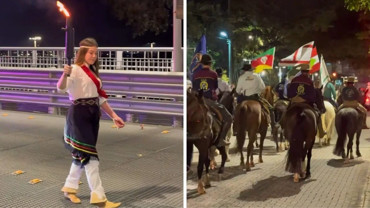 Chama Crioula cruza a Ponte Hercílio Luz e dá início ao 1º Acampamento Farroupilha de Florianópolis