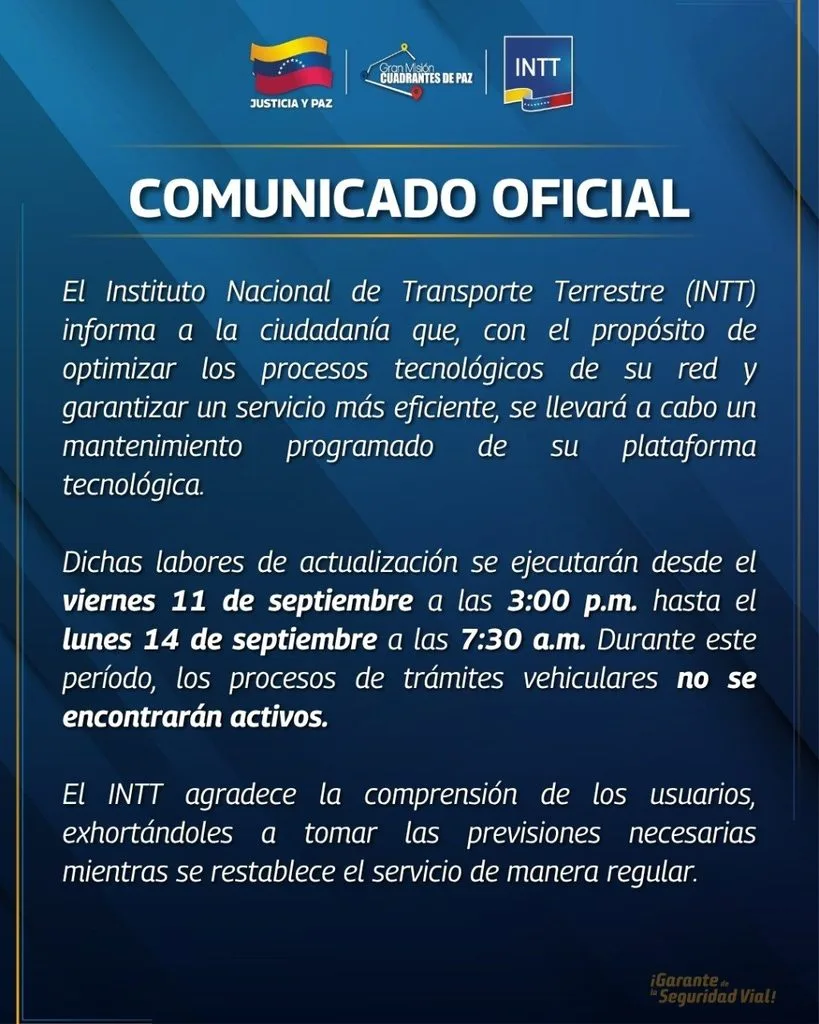 INTT suspenderá temporalmente sus trámites por mantenimiento técnico este fin de semana (+Comunicado)