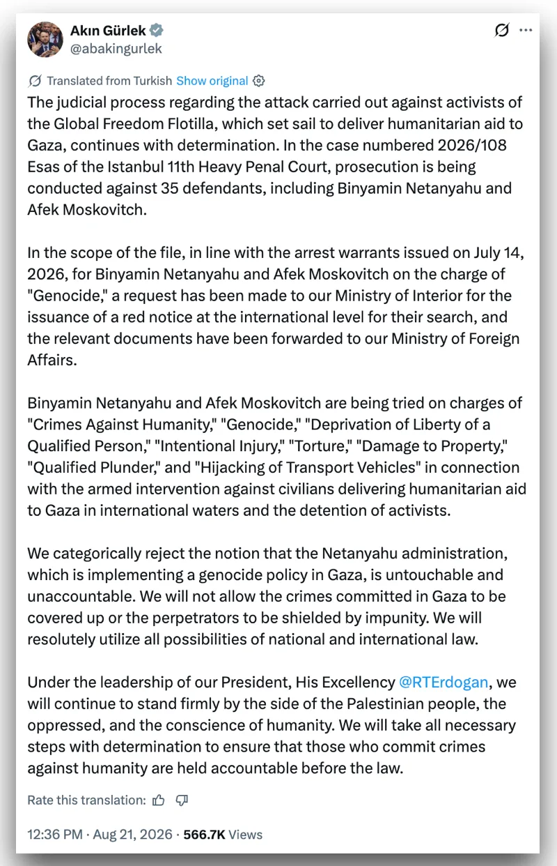 Turquia pede prisão internacional de Netanyahu por flotilha