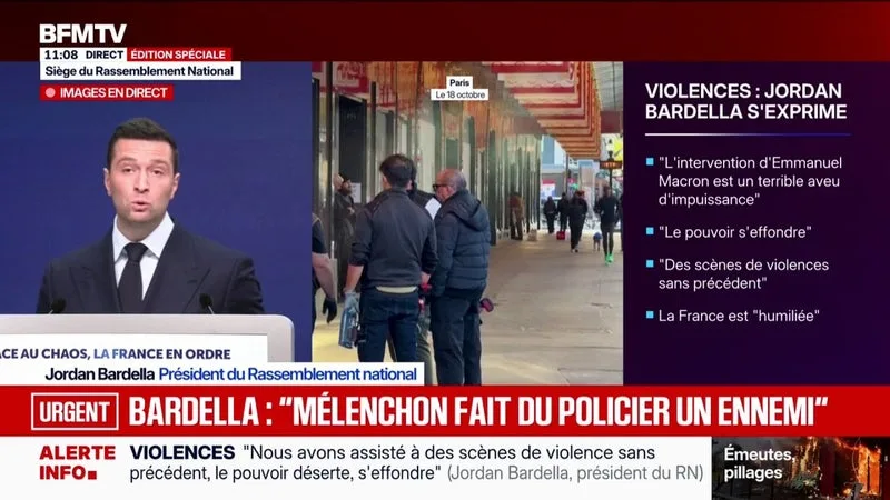Violences du 17 octobre: "L'État doit tenir et reprendre le contrôle maintenant ou jamais", affirme Jordan Bardella, président du RN