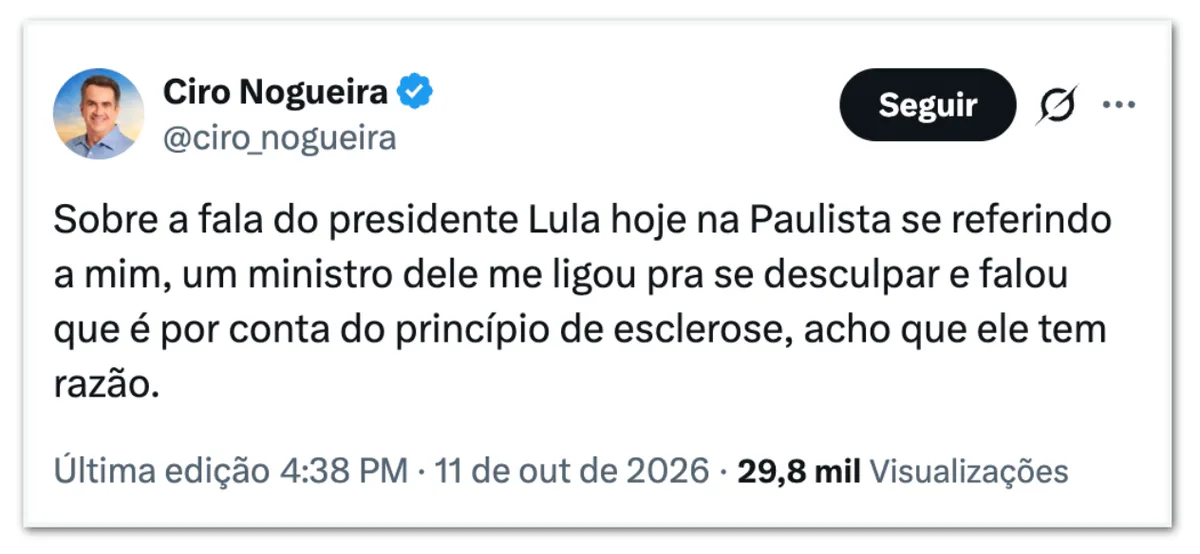 Ciro Nogueira sugere que Lula tem “princípio de esclerose”