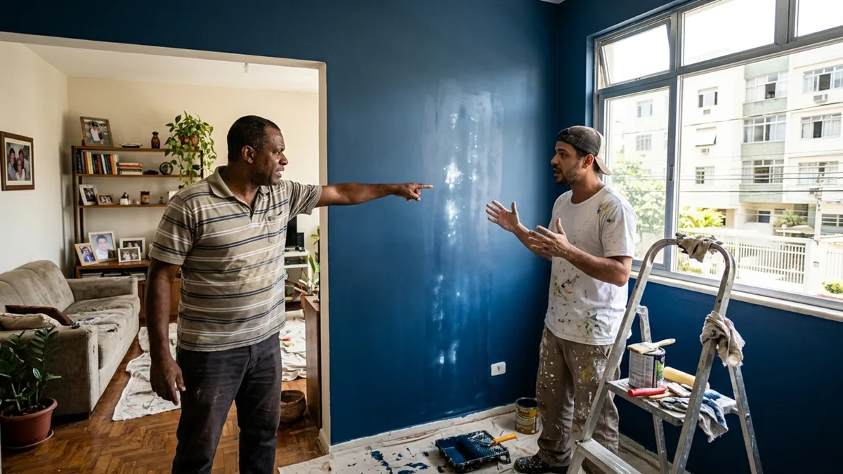 Pintor aplica tinta lavável em toda a casa e semanas depois morador descobre que pano úmido deixa manchas brilhantes nas paredes