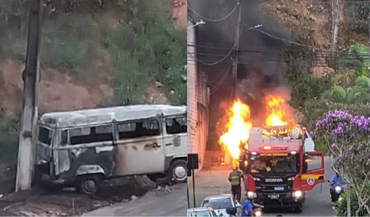 Kombi em chamas desce morro desgovernada e bate em poste em MG; VÍDEO
