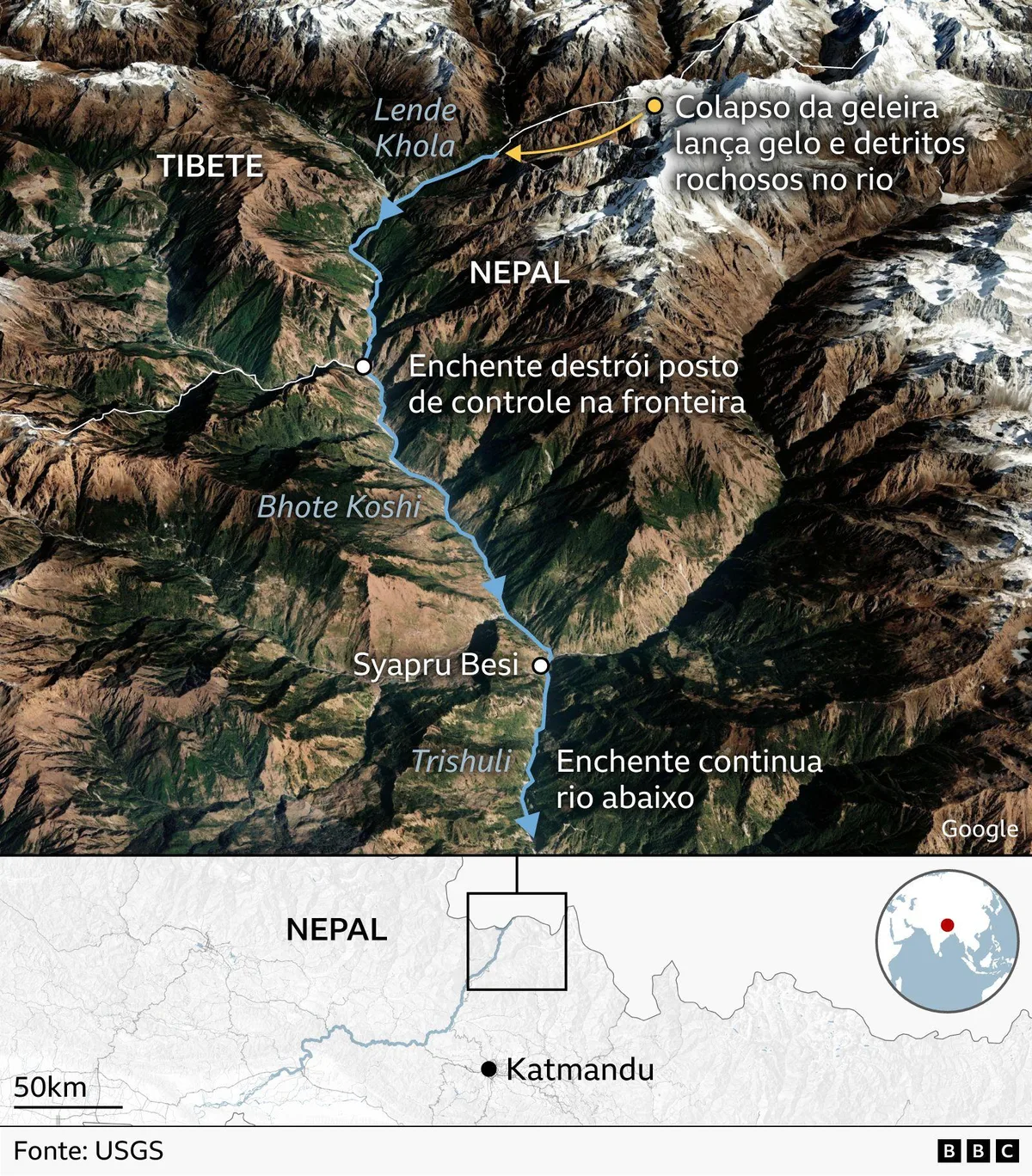 Os mapas e gráficos que mostram a magnitude da destruição de avalanche no Nepal e Tibete