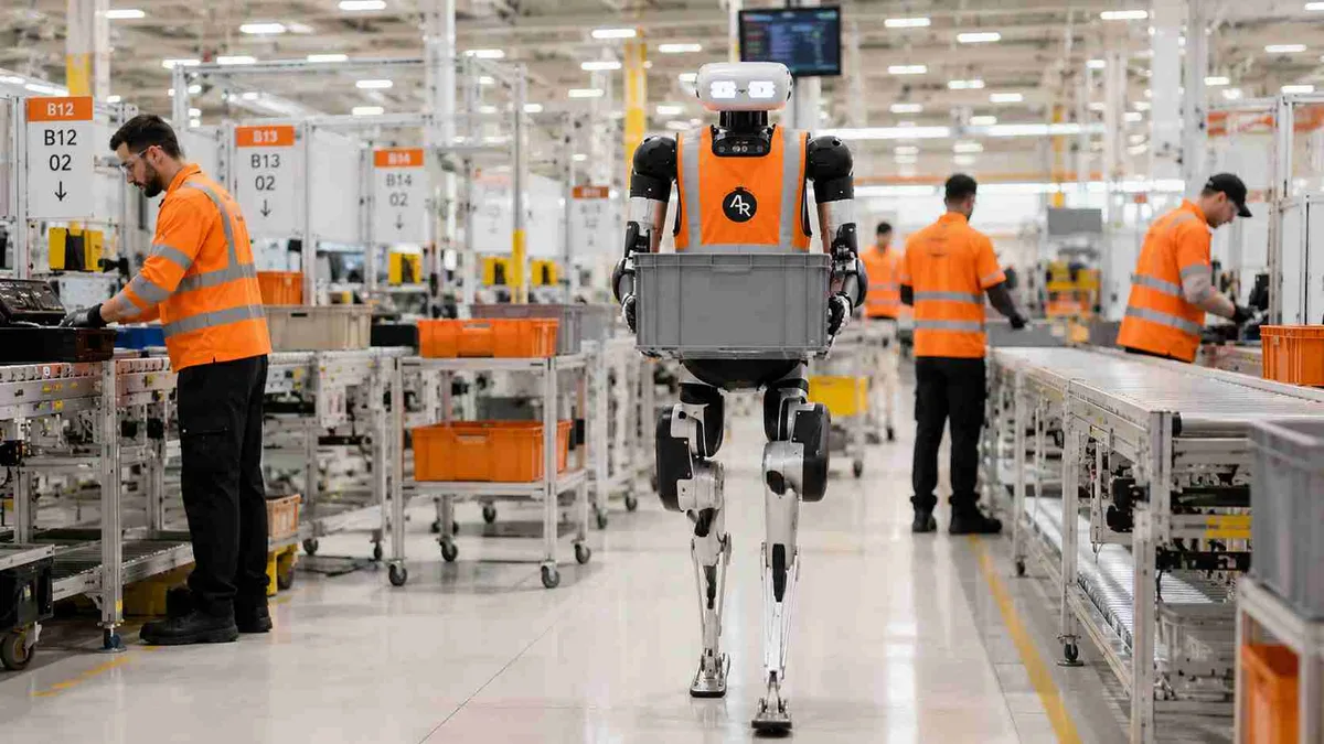 Robô humanoide Digit V5 consegue trabalhar até 20 horas por dia usando câmeras, sensores e percepção de pessoas para circular sem grades de segurança: a mudança está aproximando robôs dos mesmos corredores usados por trabalhadores