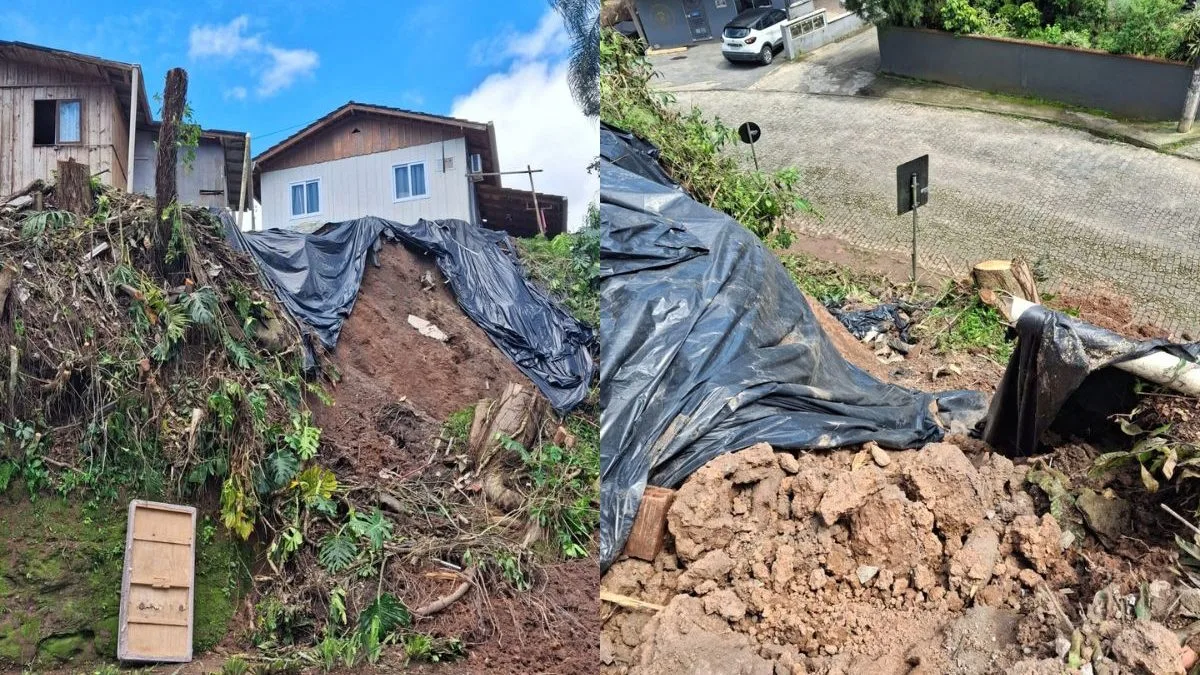 FOTOS: Barranco desaba, acende alerta para deslizamento e preocupa moradores em Blumenau