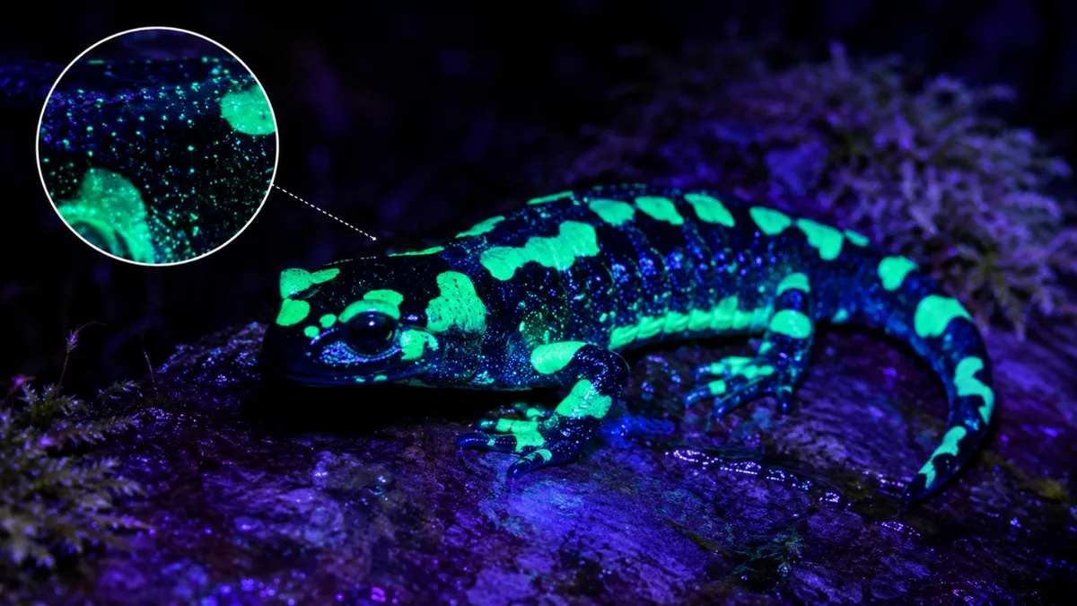 Scientists find fire salamanders glow blue-green under UV light from secretions