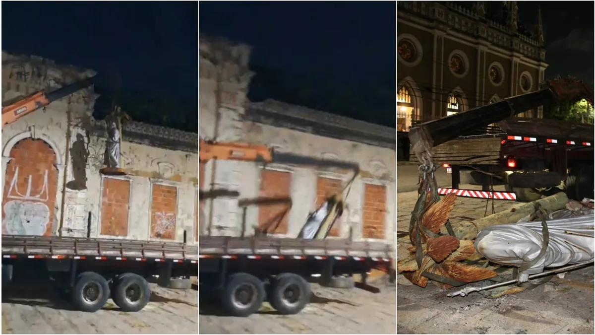 Vídeo: estátua da Sagrada Família despenca de guincho e quebra durante reforma de prédio centenário