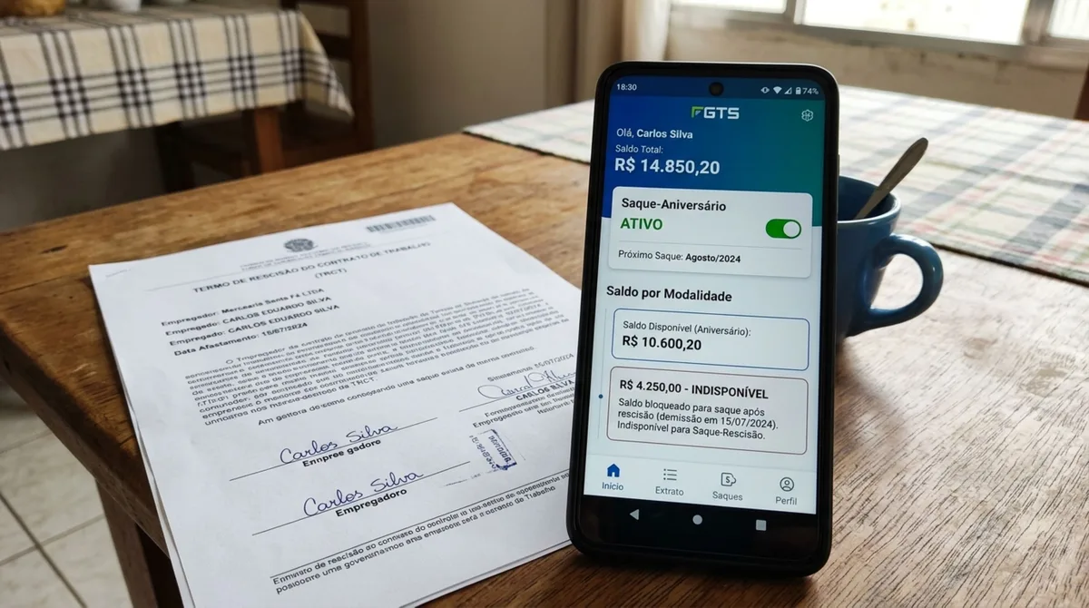Trabalhador é demitido sem justa causa, entra no aplicativo para sacar o FGTS e descobre que não poderá retirar todo o saldo por causa de opção feita anteriormente