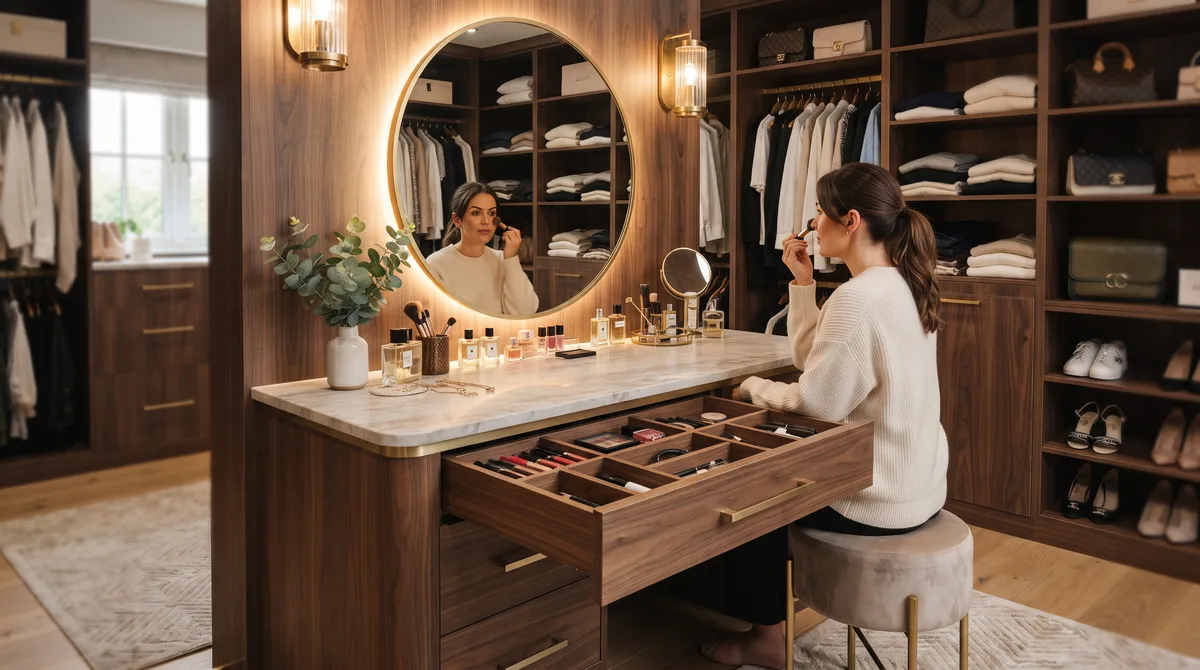 Quanto custa montar uma penteadeira camarim iluminada no closet com marcenaria em 2026?