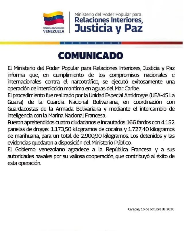 Ministerio de Relaciones Interiores ejecutó exitosa operación de interdicción en el Caribe