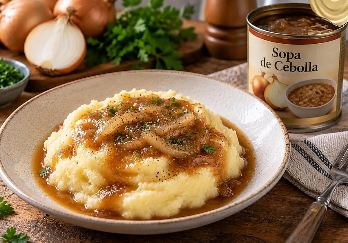 Olvídate de la salsa: el puré de patatas queda diez veces mejor acompañado de esta sopa de lata