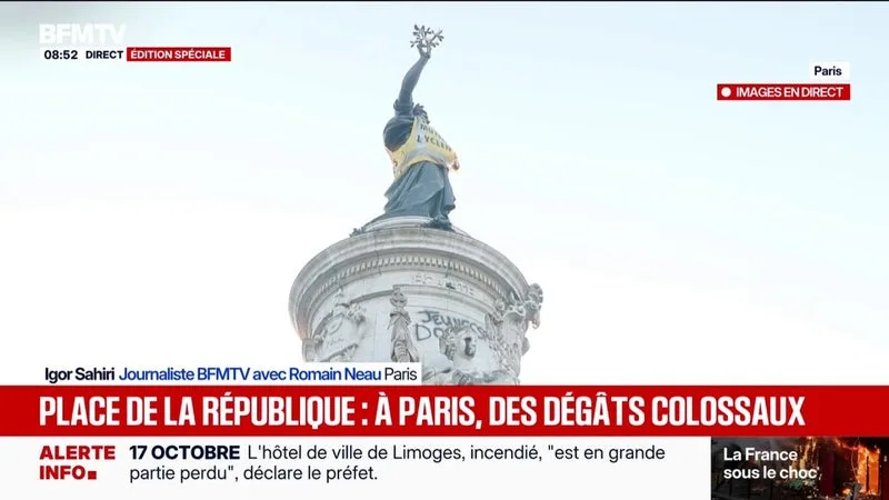 À Paris, un gilet jaune placé sur la statue de la place de la République
