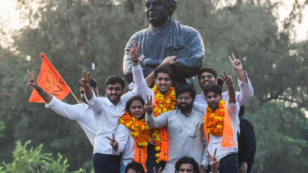 Watch: ABVP winning candidates, supporters celebrate DUSU poll victory