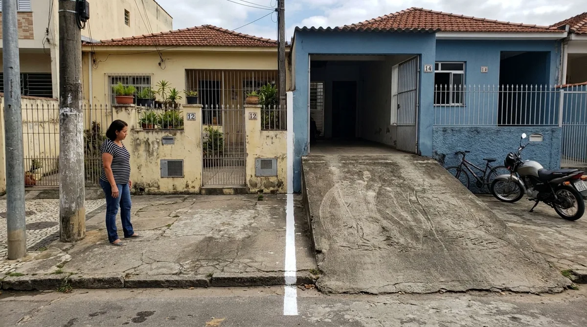 Proprietário volta de viagem e encontra rampa de garagem avançando sobre seu lote, mas vizinho tenta negociar a faixa ocupada