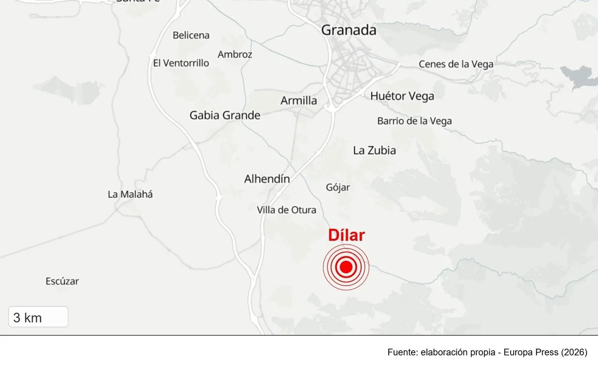 Registrado un nuevo sismo, de magnitud 3,4, con epicentro en el municipio granadino de Dílar