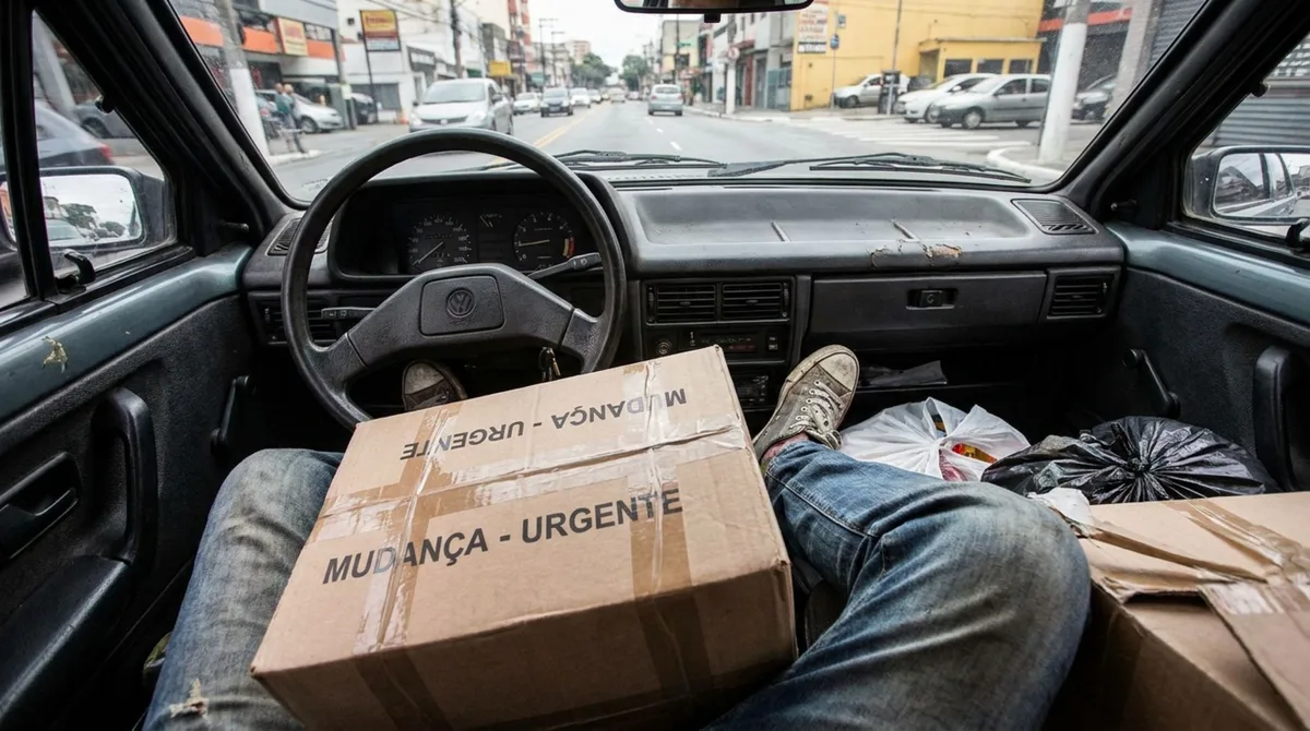 Motorista precisava levar uma caixa grande durante a mudança, ao perceber que não havia espaço nos bancos, decide apoiá-la entre as pernas enquanto dirige e é abordado por agentes que explicam o risco dessa improvisação