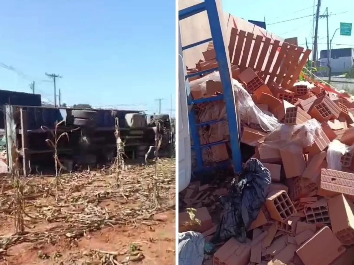 Caminhão de tijolos tomba e deixa motorista ferido em Indaiatuba