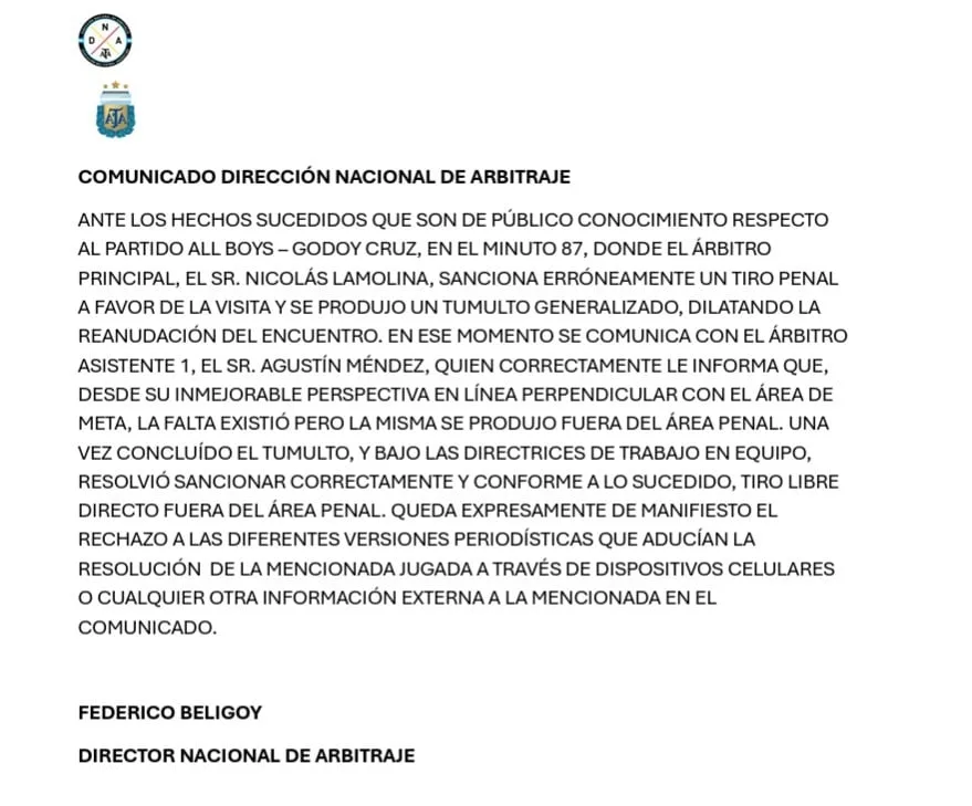 Federico Beligoy defendió a Nicolás Lamolina tras el escándalo en All Boys vs. Godoy Cruz