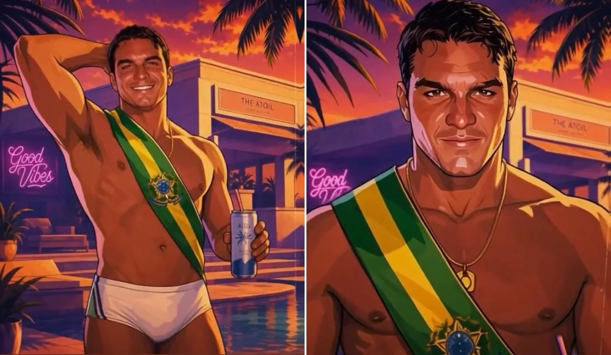 Flávio Bolsonaro posta animação de sunga e faixa presidencial feita por IA