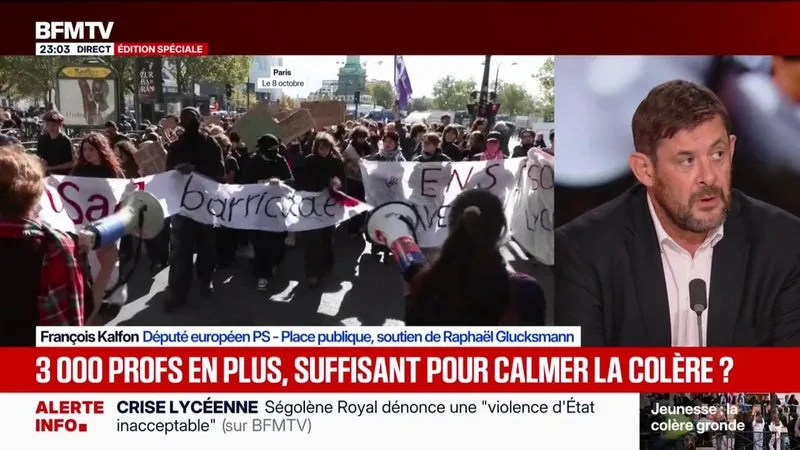 "S'il y a 3.000 professeurs en plus, tant mieux, mais on est loin du compte par rapport aux 15 millions d'heures qui ne sont pas remplacées", déclare François Kalfon, député européen PS - Place publique, soutien de Raphaël Glucksmann