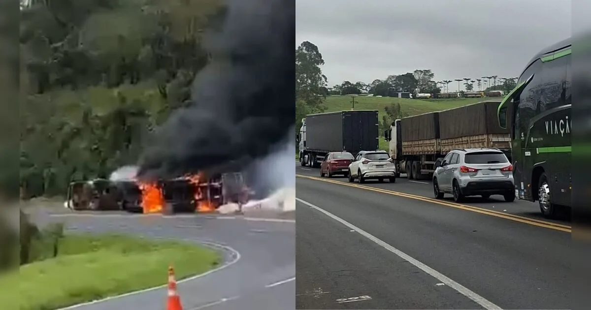 Caminhão tomba, pega fogo e bloqueia totalmente a BR-376 em Ortigueira