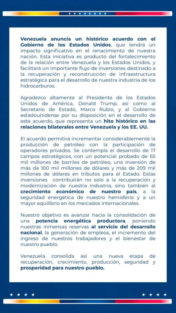 Delcy Rodríguez afirma que “histórico” acuerdo petrolero con EEUU aumentará la producción: Se desarrollarán 17 “campos estratégicos”