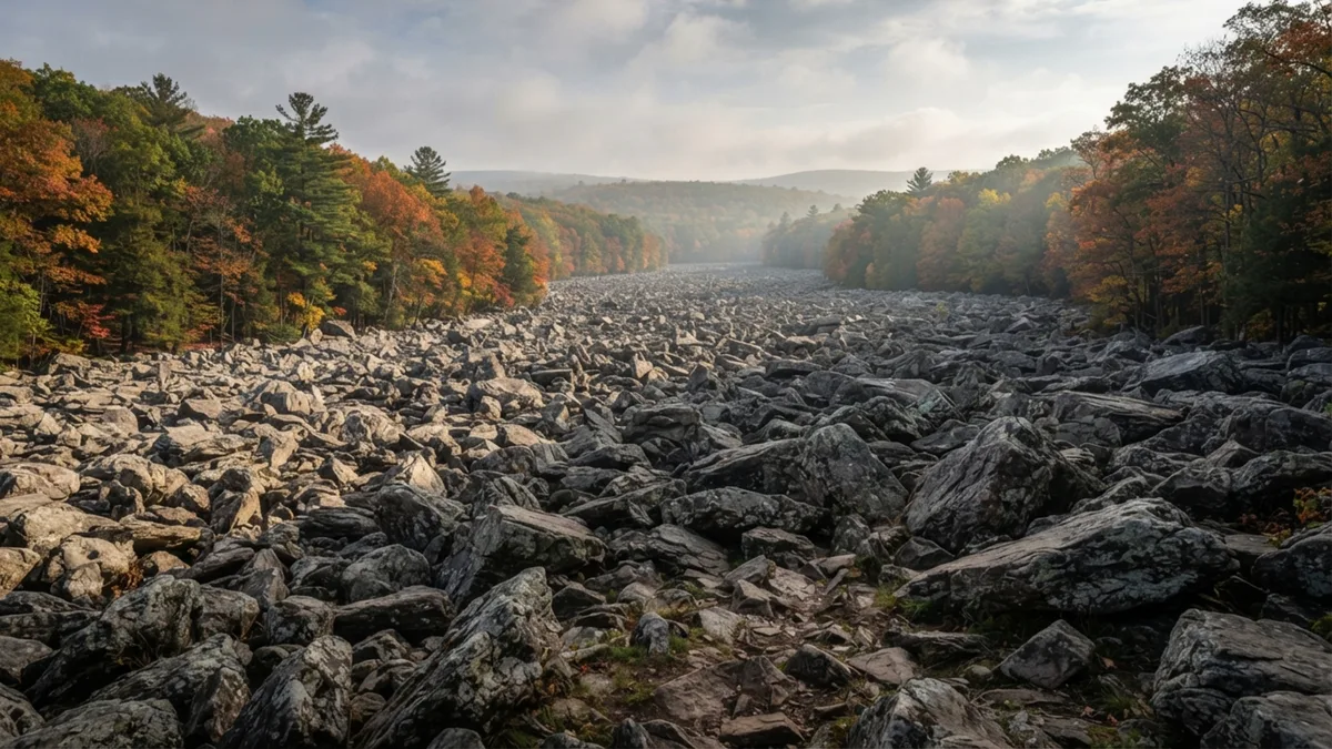 Um rio de pedra parece congelado no meio das montanhas da Pensilvânia, mas o campo inteiro foi montado por ciclos de gelo que quebraram blocos durante eras glaciais